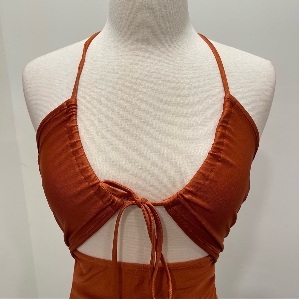 Rust Colored Ruched Mini Dress - Picture 2 of 6